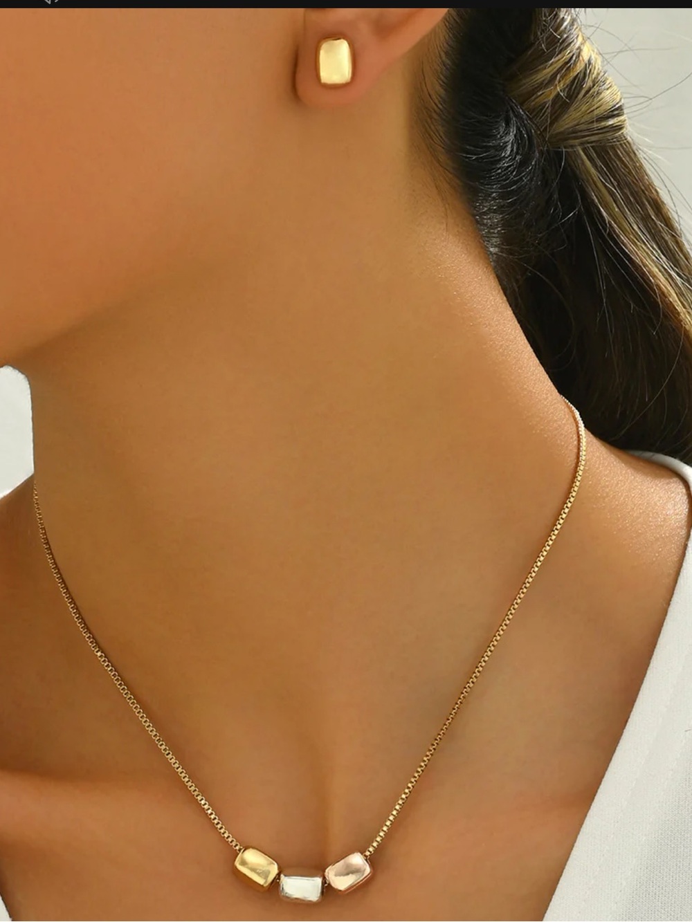 18K Plated Gold, Rose Gold, Silver Square Minimalist Necklace & Earrings - NWOT